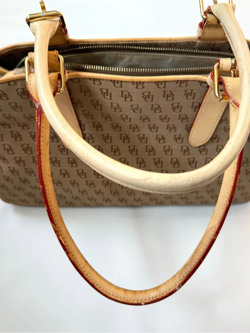 Vintage Dooney & Bourke Signature Logo Canvas Buckle Satchel Bag Tan Leather